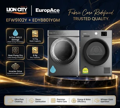 EuropAce EFW 9102Y 10 Kg Front Load Washing Machine + Europace EDY8801YGM Heat Pump Dryer 8Kg